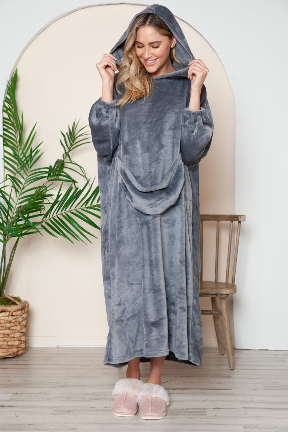 Full Size Pocketed Hooded Midi Lounge Dress