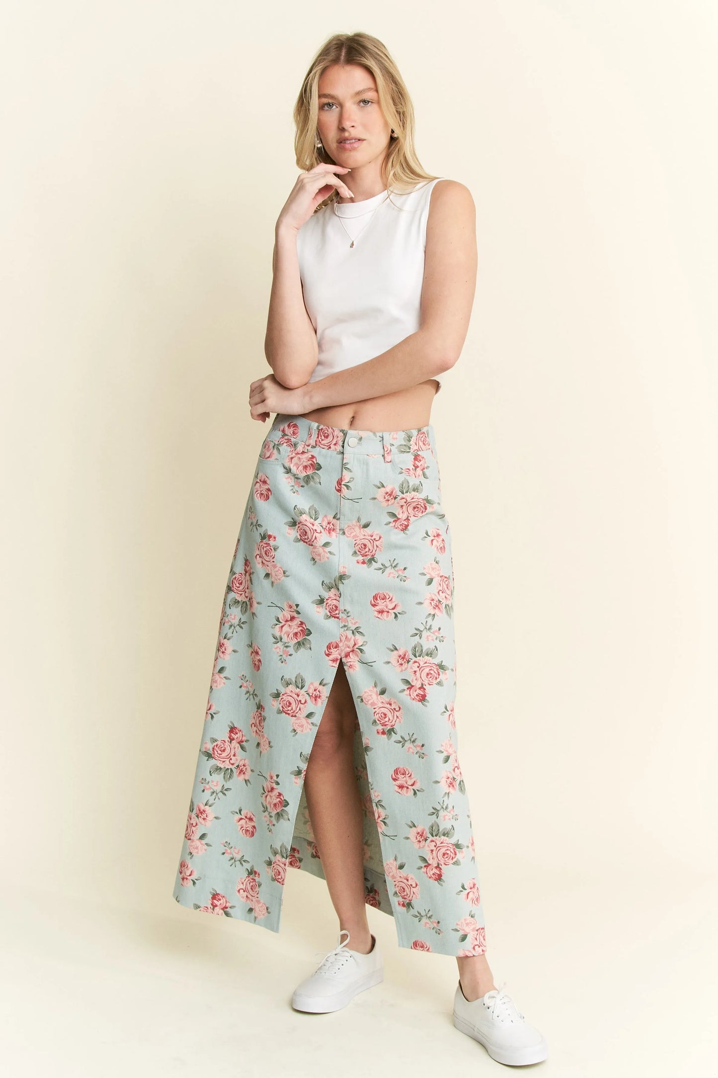 Floral Print Front Slit Denim Maxi Skirt Plus Size