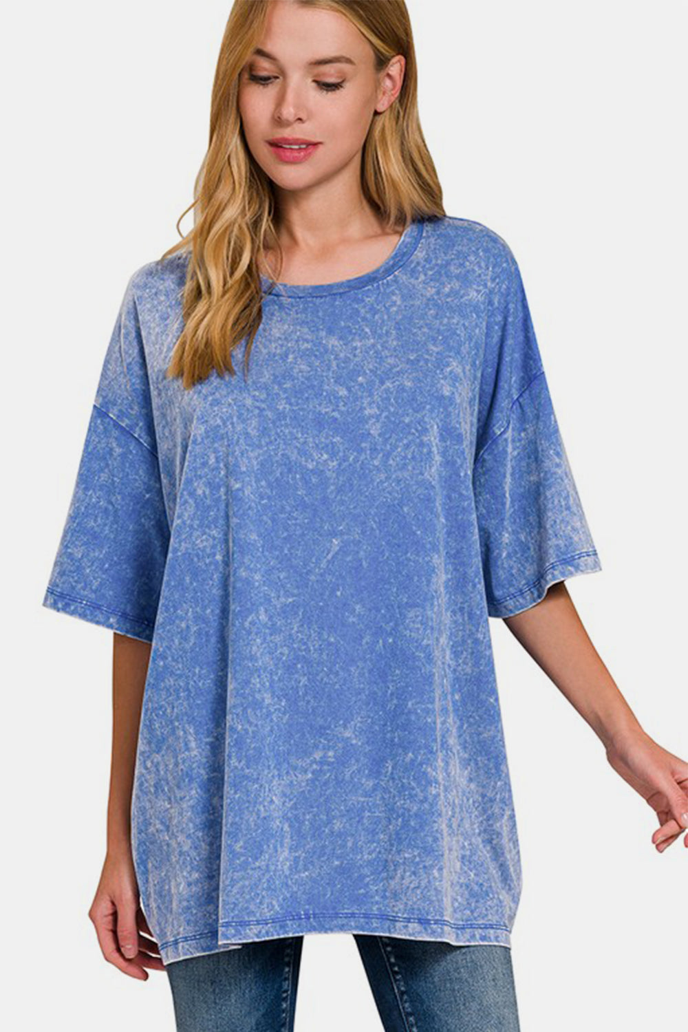 Zenana Full Size Washed Round Neck Drop Shoulder Oversized T-Shirt Blue / 1XL/2XL