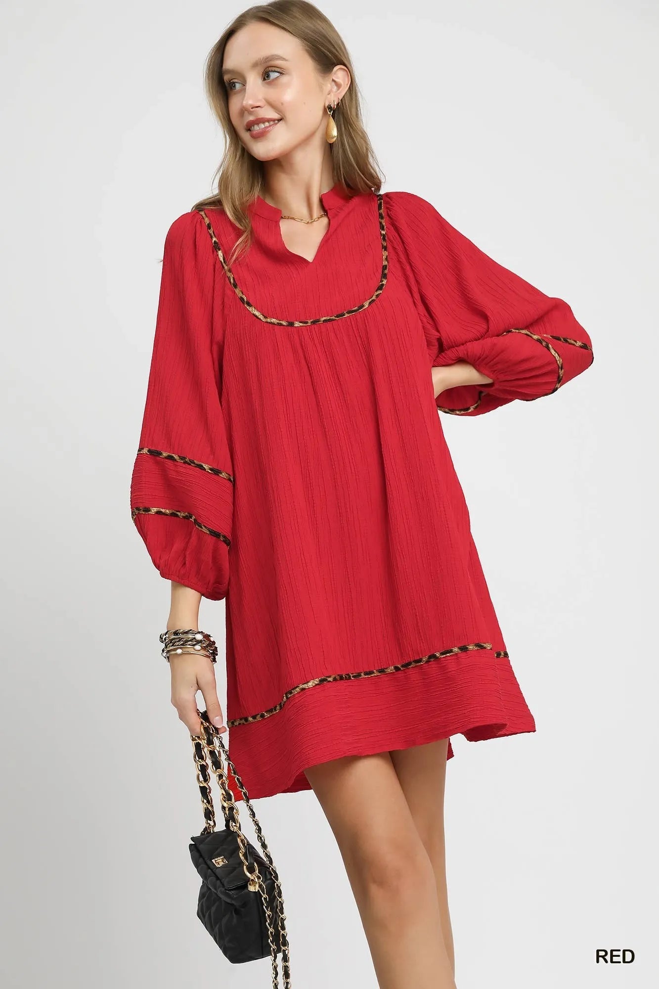 Textured Baby doll Dress with Leopard Trim