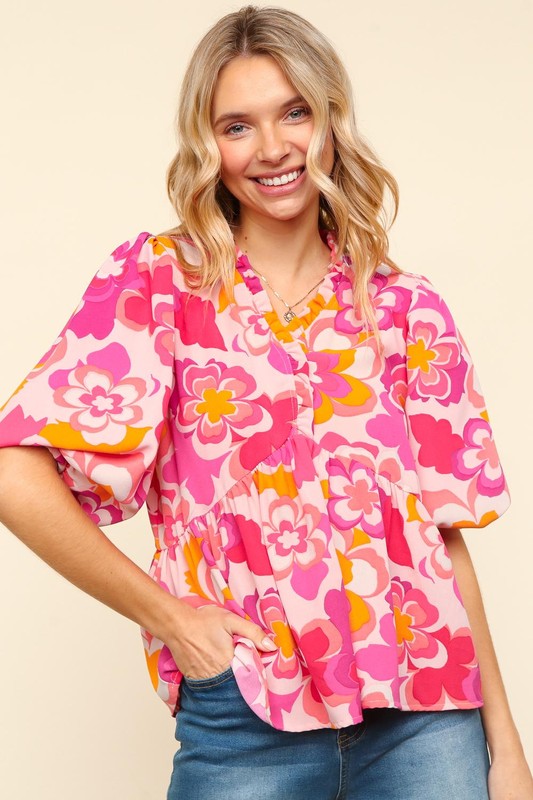 frill floral puff sleeve blouse