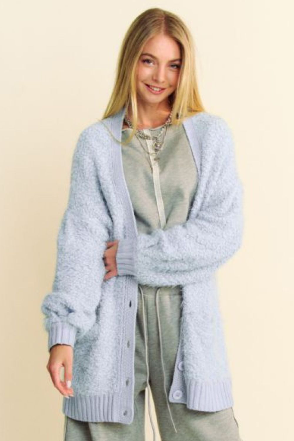Ribbed Hem Button Up Long Sleeve Cardigan