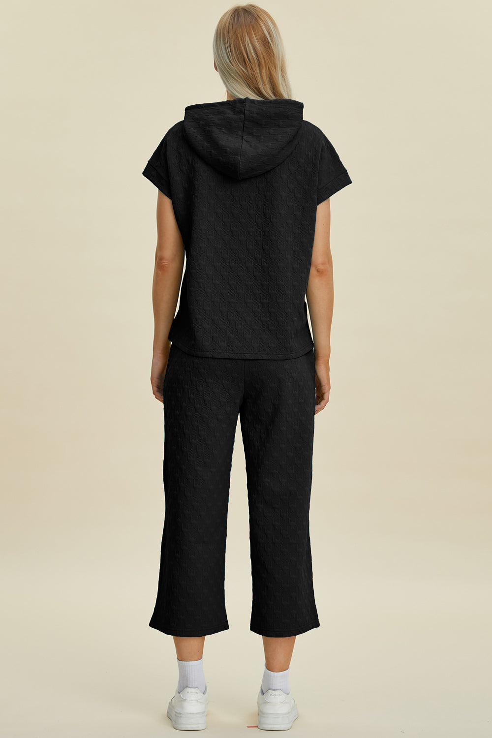 Full Size Texture Drawstring Short Sleeve Hoodie and Pocketed Pants Set