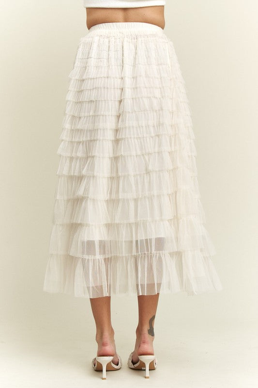 Elastic Waist Layered Mesh Midi Skirt
