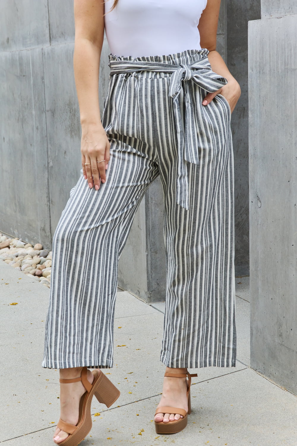 Full Size Paper bag Waist Striped Culotte Pants