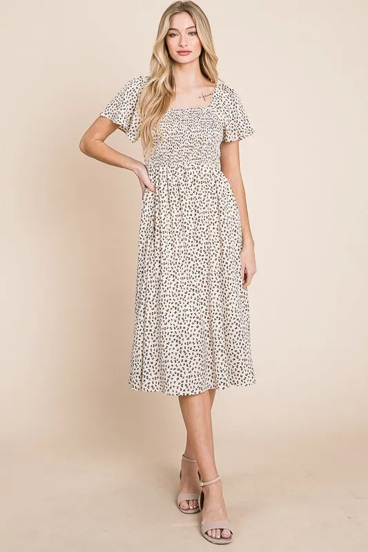 Ditsy Leopard Print Square Neck Smocked Midi Dress