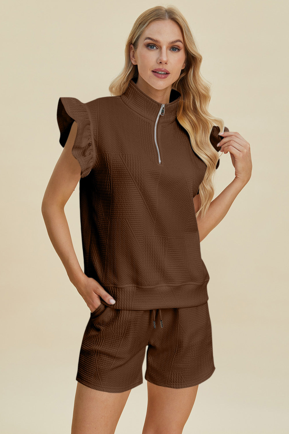Full Size Texture Flounce Sleeve Top and Shorts Set
