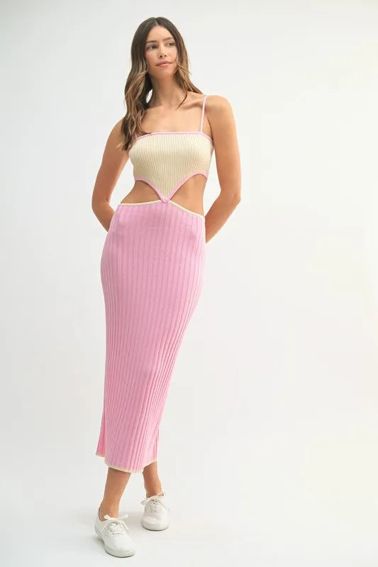 Ribbed Knit Colour Block Cut-out Midi Dress