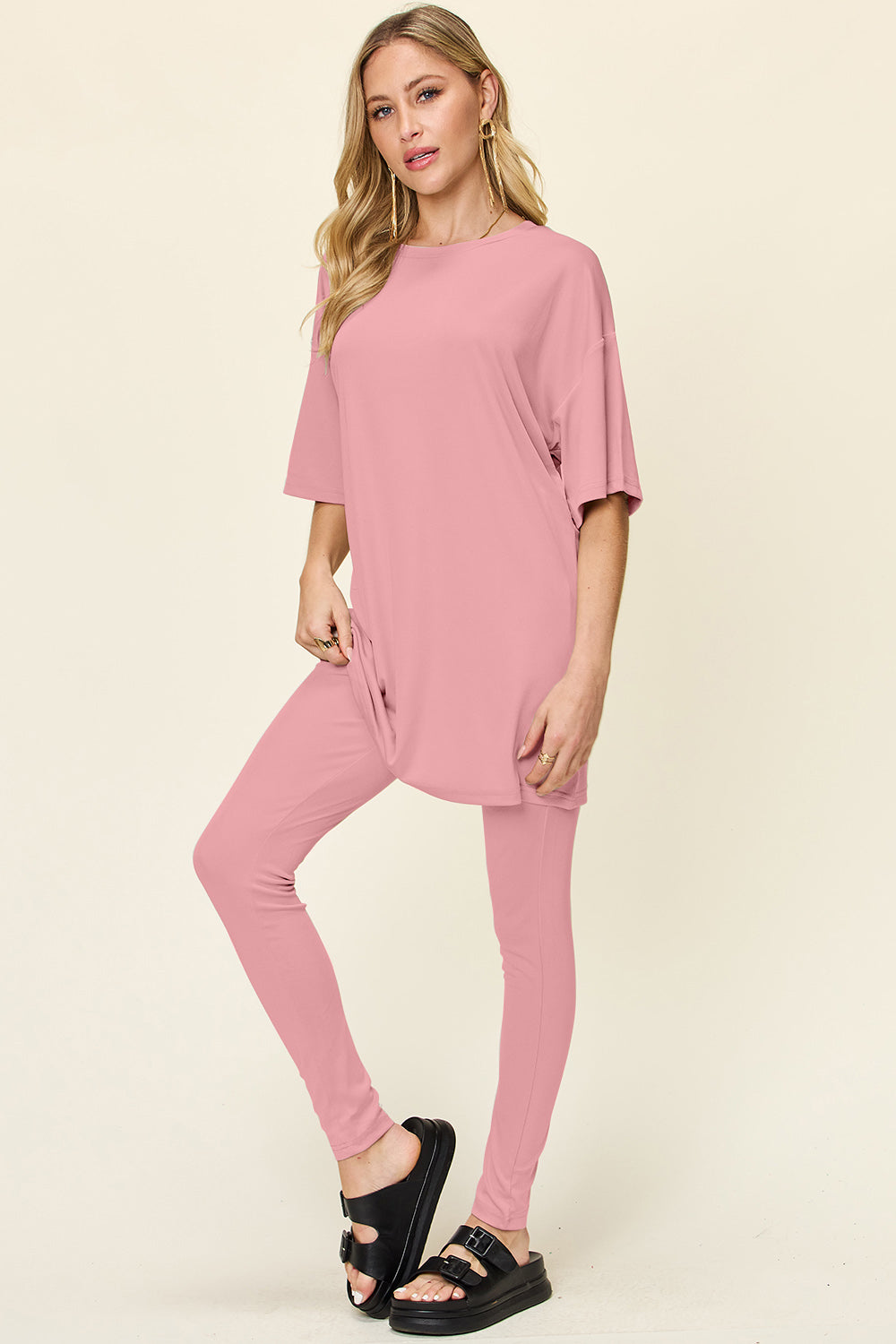 Full Size Round Neck Dropped Shoulder T-Shirt and Leggings Set