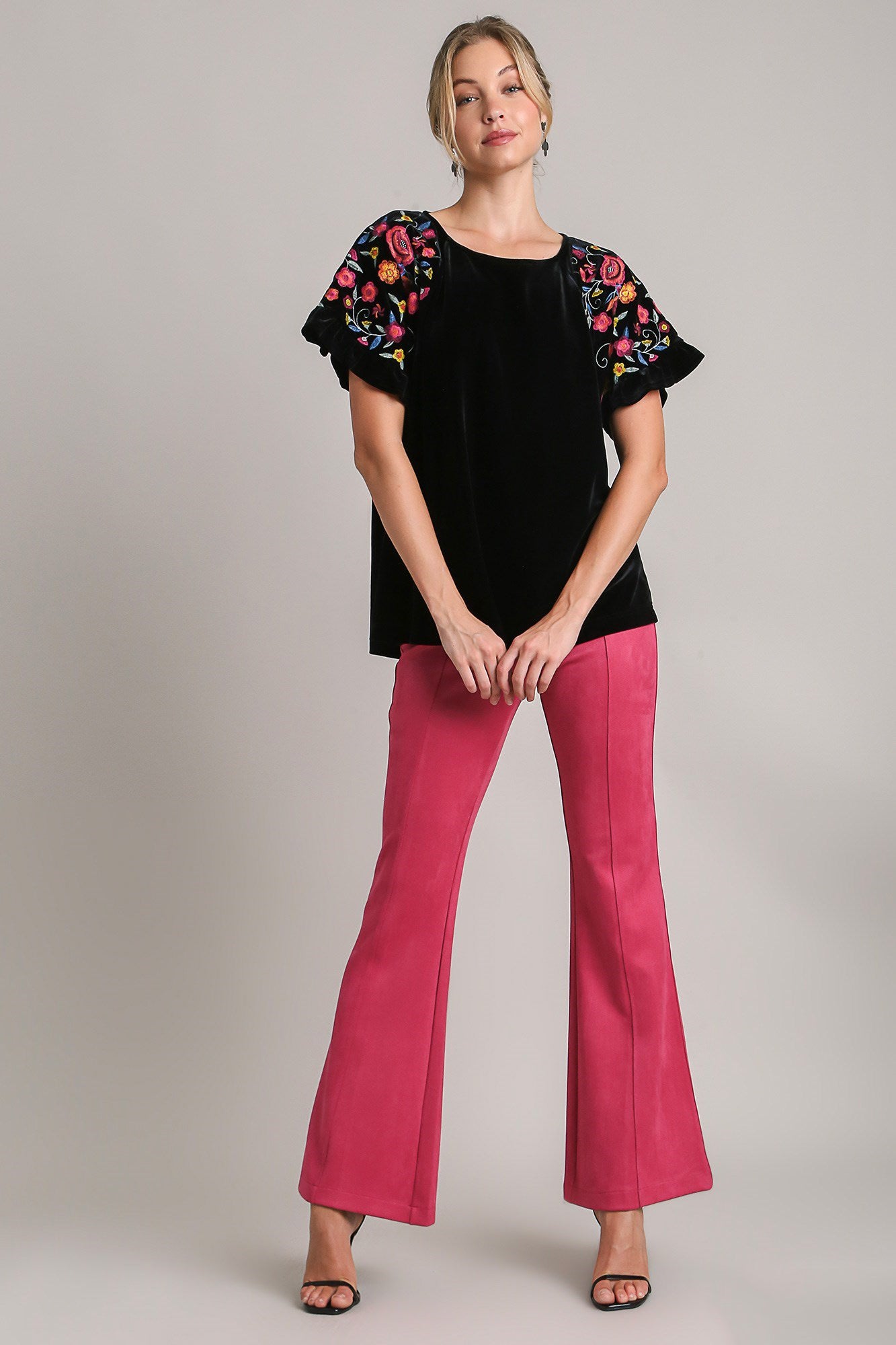 Full Size Velvet Embroidery Short Sleeve Blouse