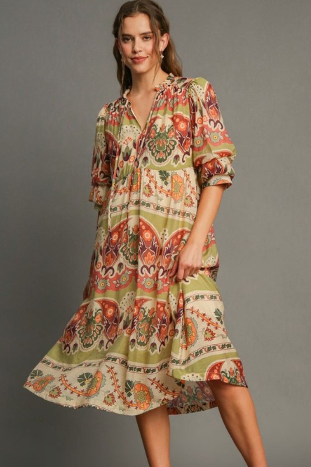 Tiered Border Print Midi Dress Plus Size