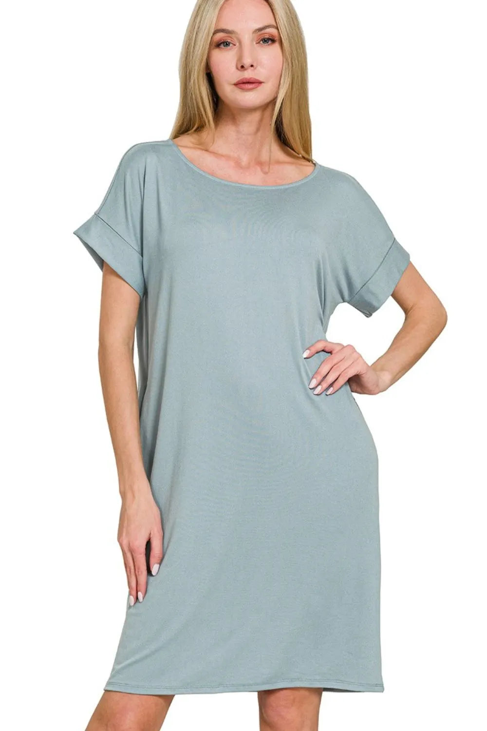 Rolled Short Sleeve Round Neck Dress