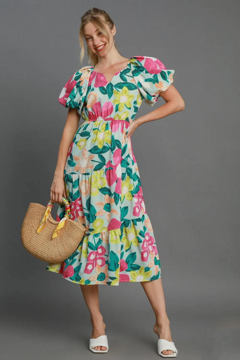 Tiered Floral Print Notched Puff Sleeve Midi Dress Plus Size