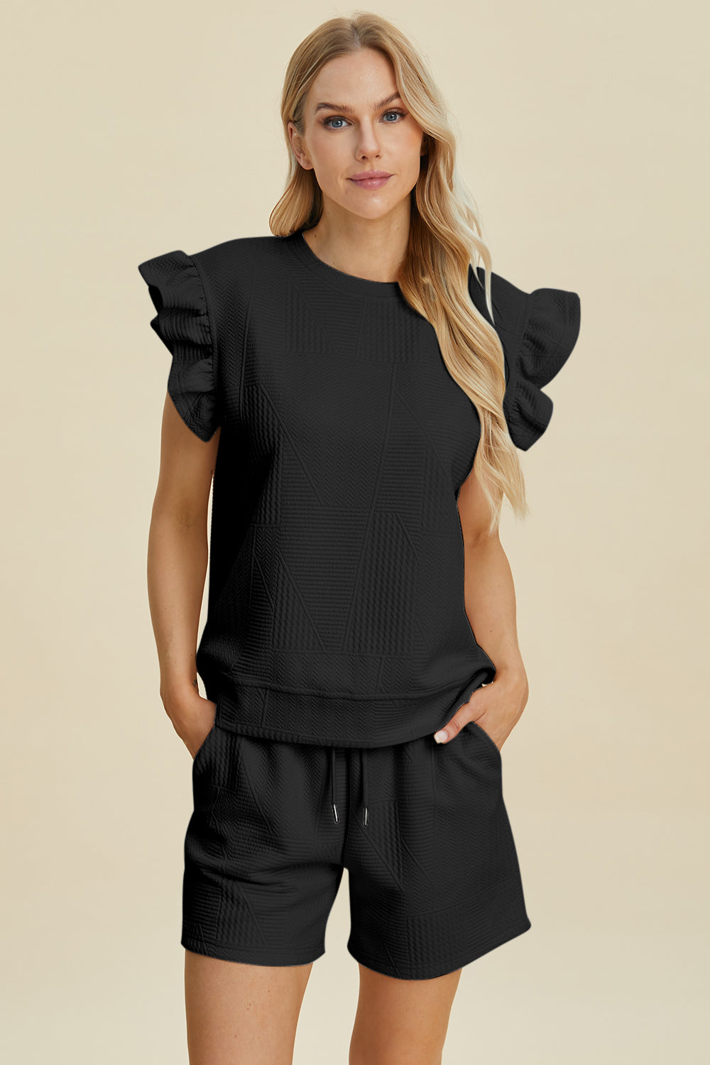 Full Size Texture Round Neck Ruffle Sleeve Top and Shorts Set