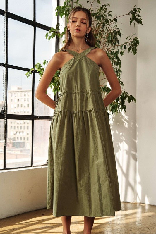 Crisscross Wide Strap Drawstring Detail Midi Dress