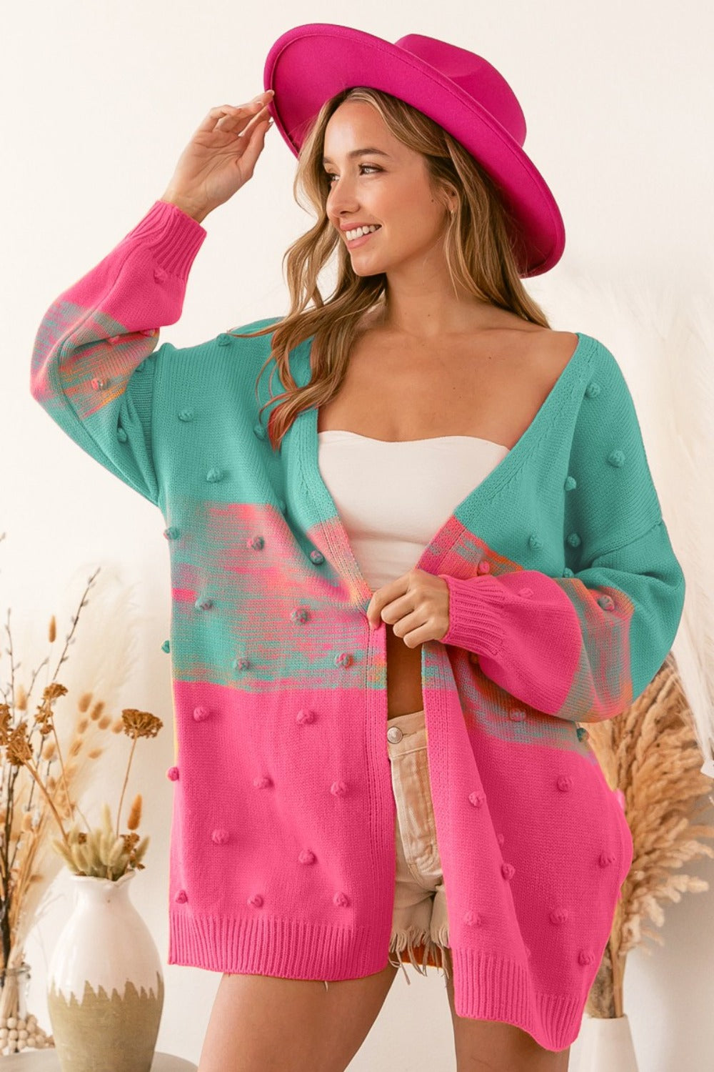 Colour Block Ponpon Sweater Cardigan