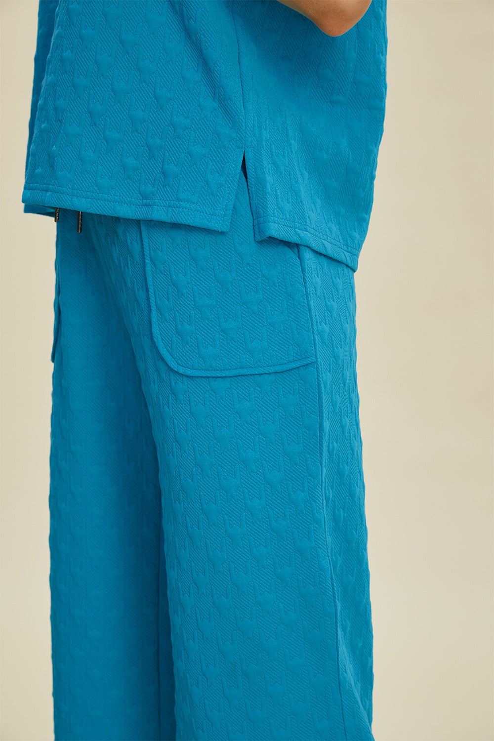 Full Size Texture Drawstring Short Sleeve Hoodie and Pocketed Pants Set