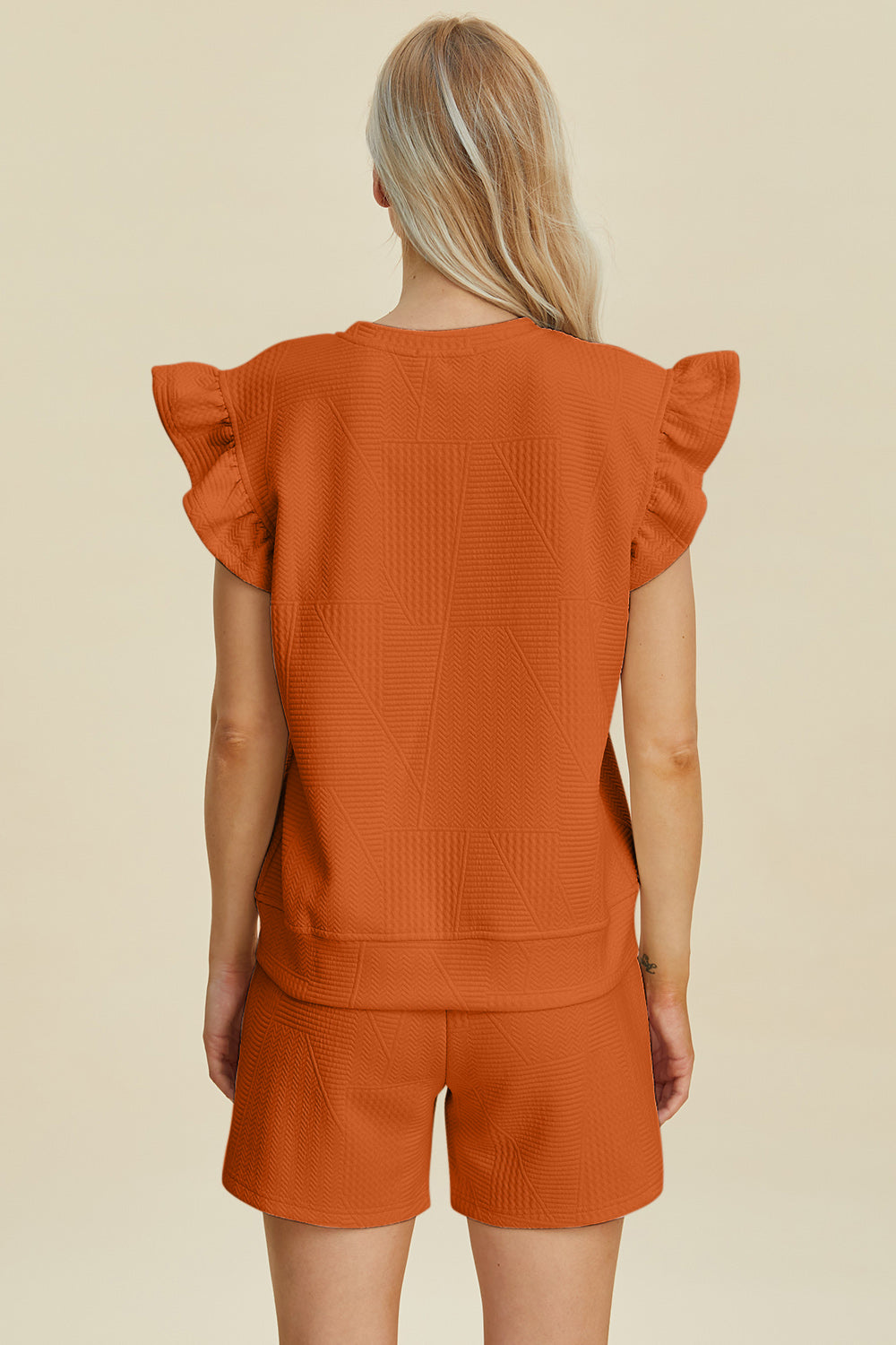 Full Size Texture Round Neck Ruffle Sleeve Top and Shorts Set