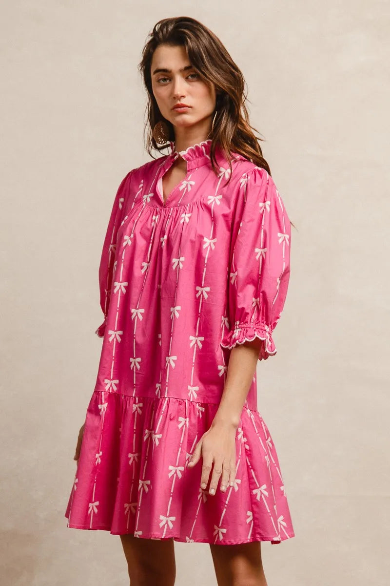 Ribbon Patterns With Scallops Edge Details Short Sleeve Dress
