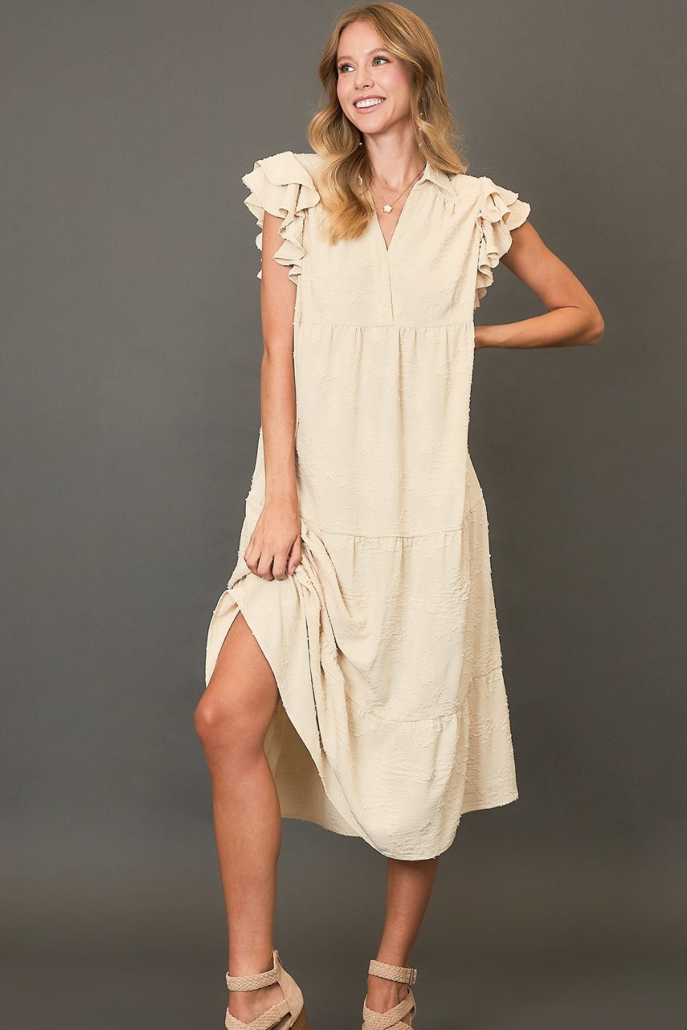 Tiered Floral Burnout Ruffle Sleeve Midi Dress Plus Size