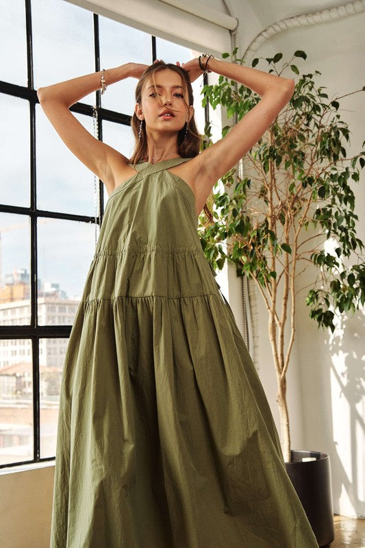 Crisscross Wide Strap Drawstring Detail Midi Dress