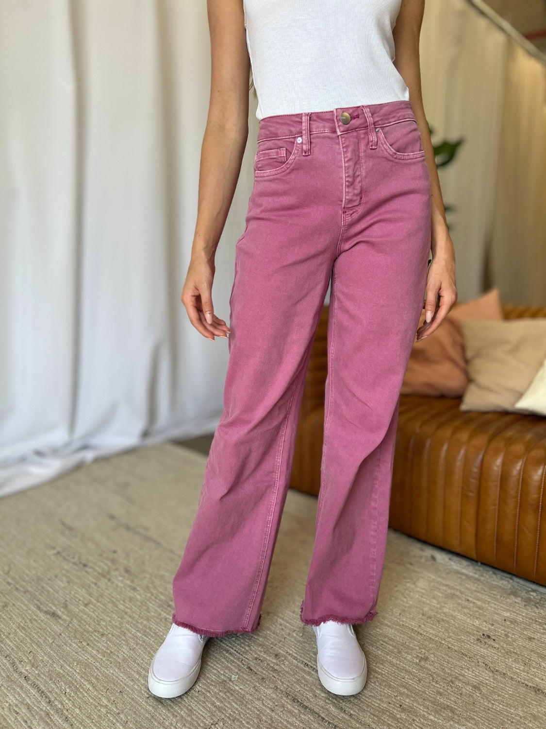Full Size High Rise Garment Dye Wide Leg Jeans