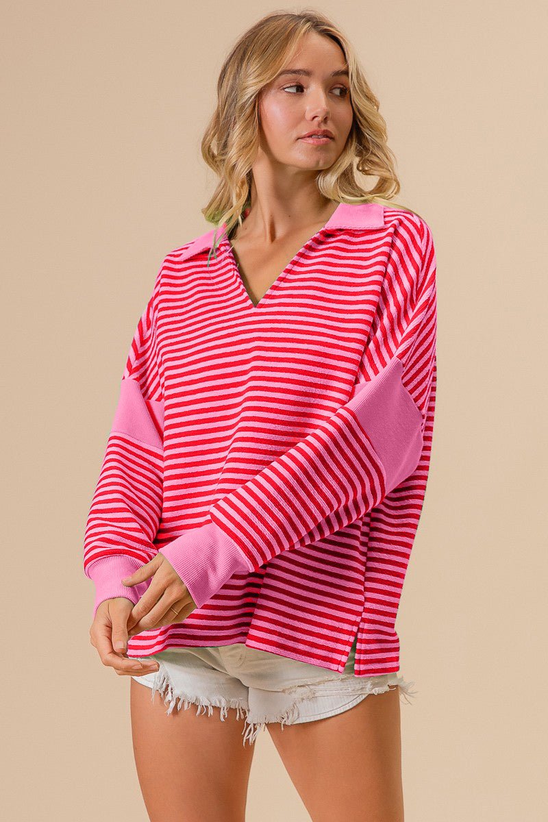Striped Contrast Long Sleeve Knit Top In Pink