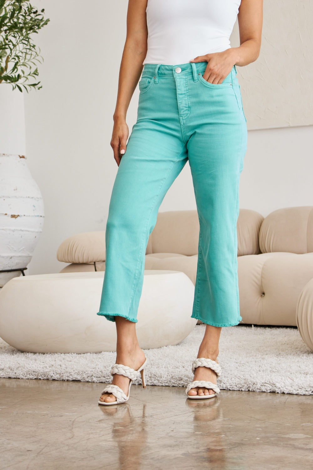 Full Size Tummy Control High Waist Raw Hem Jeans