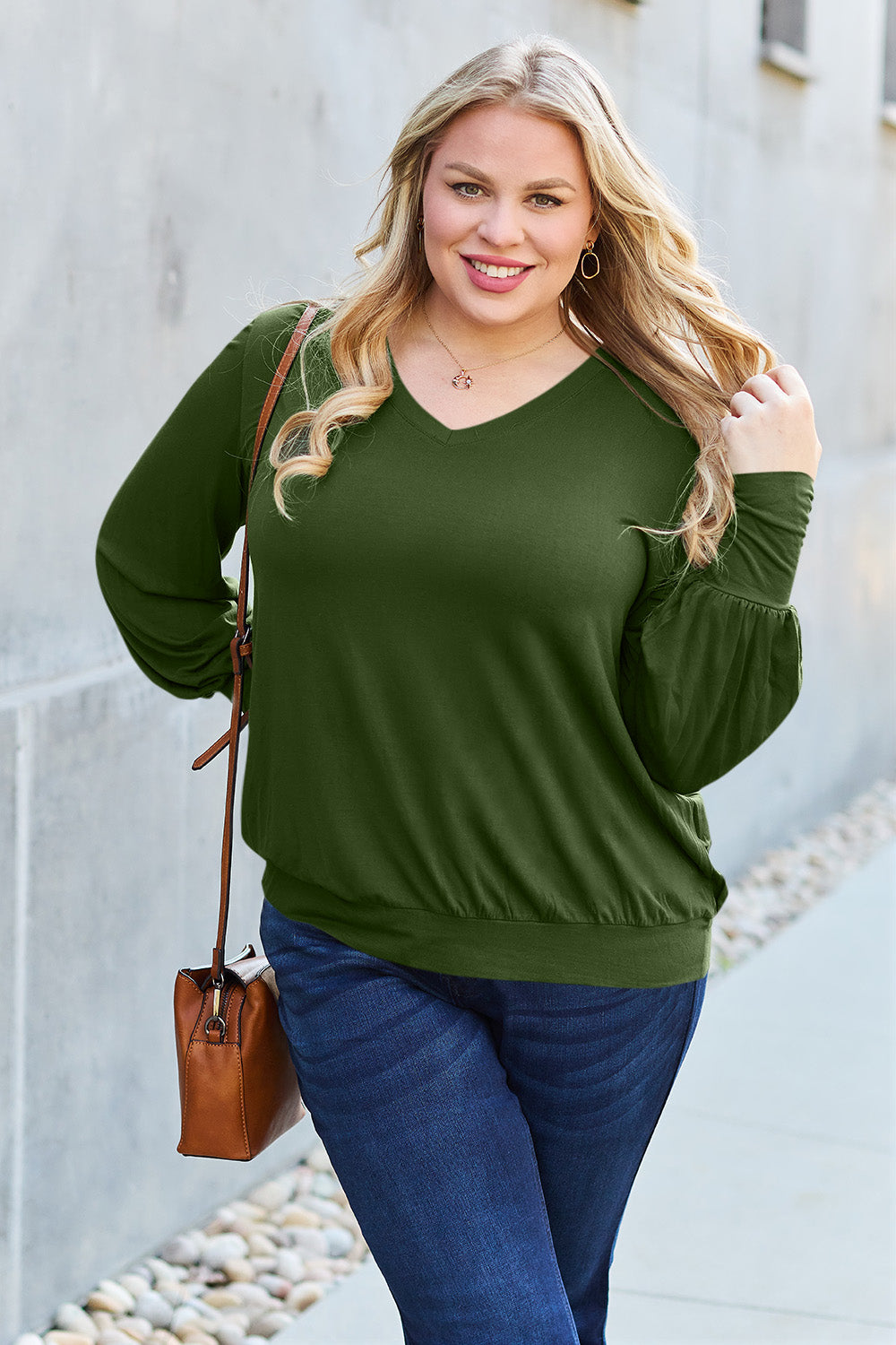Full Size V-Neck Lantern Sleeve Top