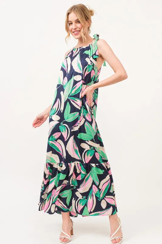 Botanical Printed Halter neck Tiered Maxi Dress
