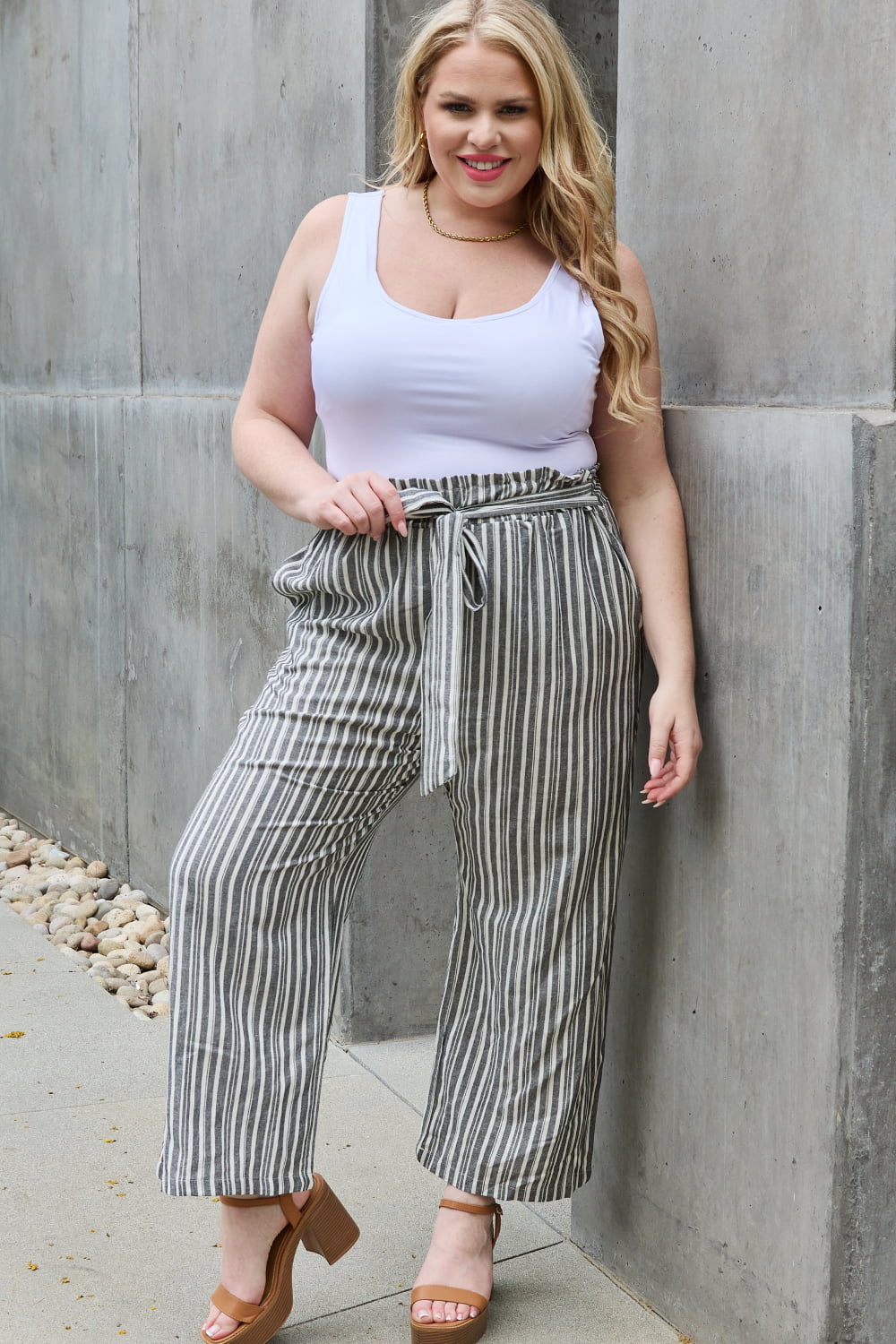 Full Size Paper bag Waist Striped Culotte Pants