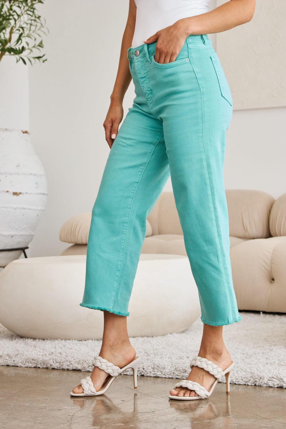 Full Size Tummy Control High Waist Raw Hem Jeans