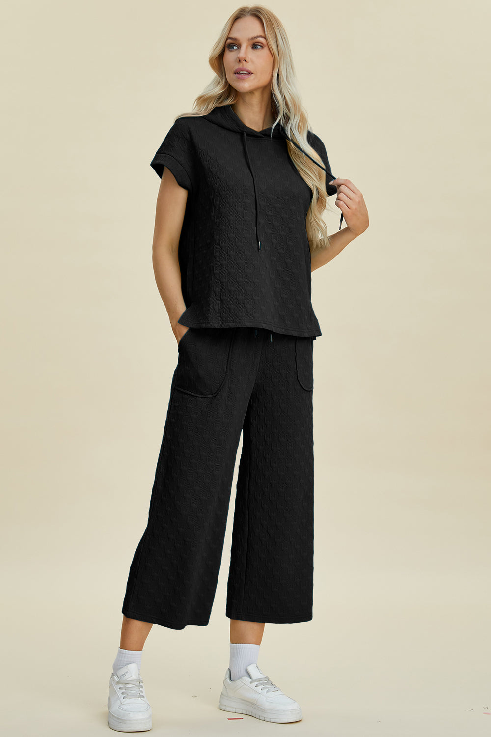 Full Size Texture Drawstring Short Sleeve Hoodie and Pocketed Pants Set