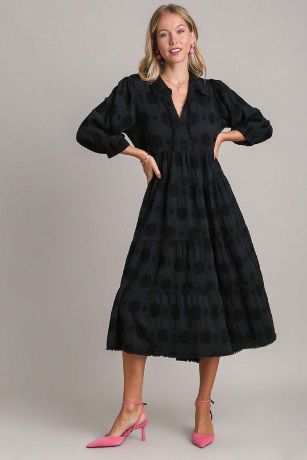 Solid Dotted Jacquard Midi Dress Plus Size