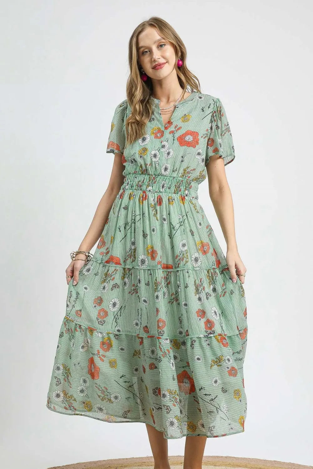 Smocked Waist Floral Short Sleeve Midi Dress