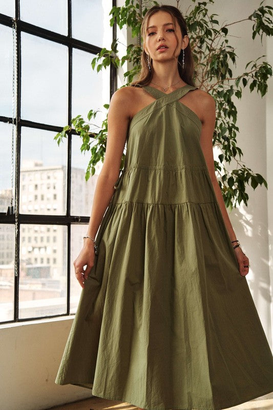 Crisscross Wide Strap Drawstring Detail Midi Dress