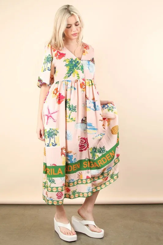 Button Down Printed Midi Dress