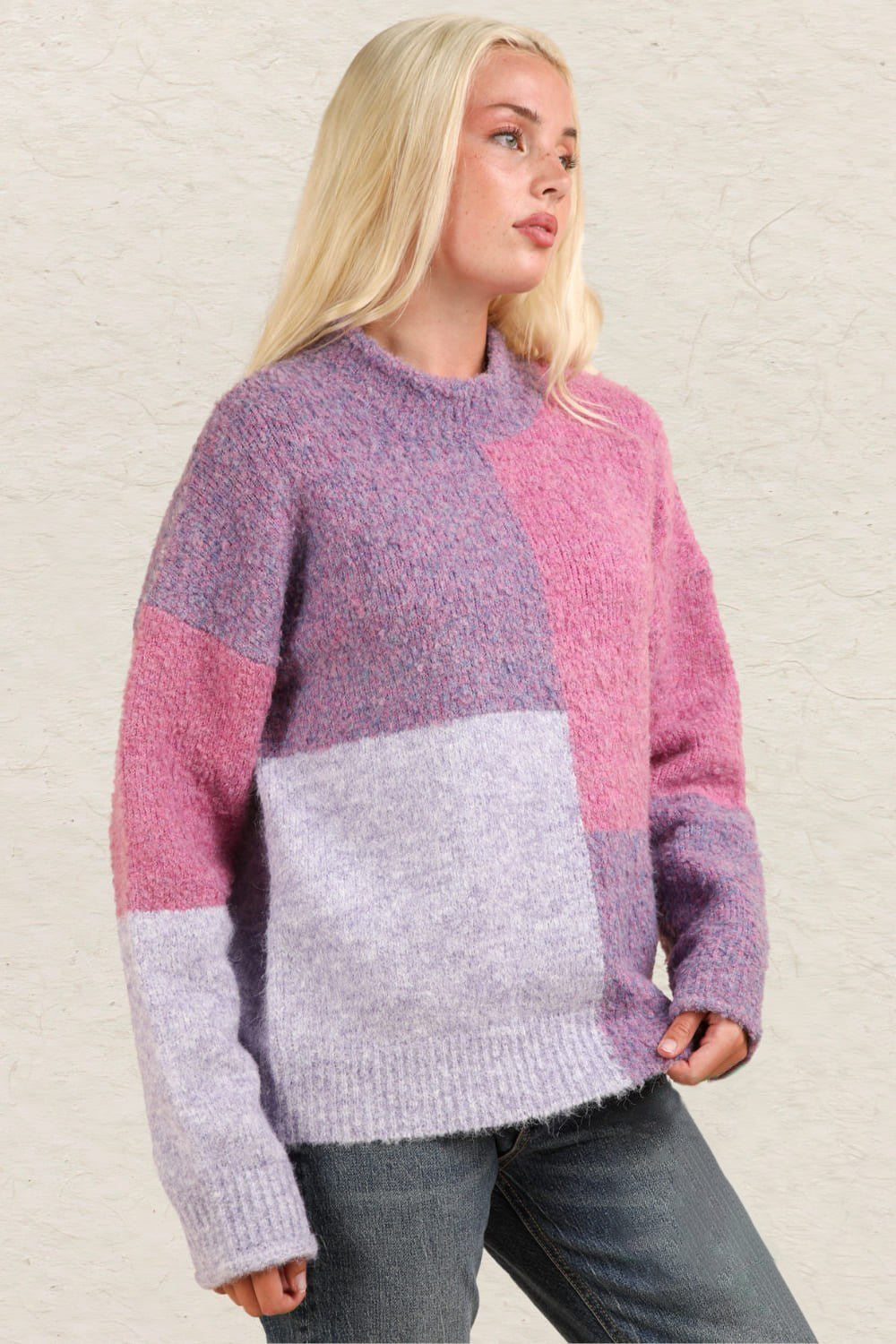 Colour Block Mock Neck Drop Shoulder Sweater