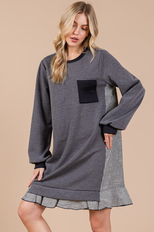 Striped Patchwork Round Neck Terry Sweatshirt Dress