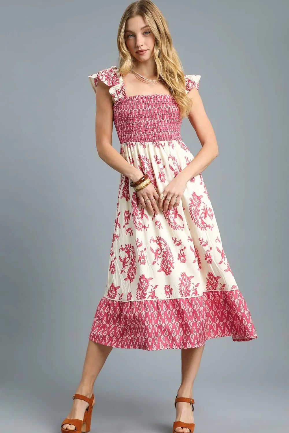 Printed Smocked Midi Dress with Ruffle Details