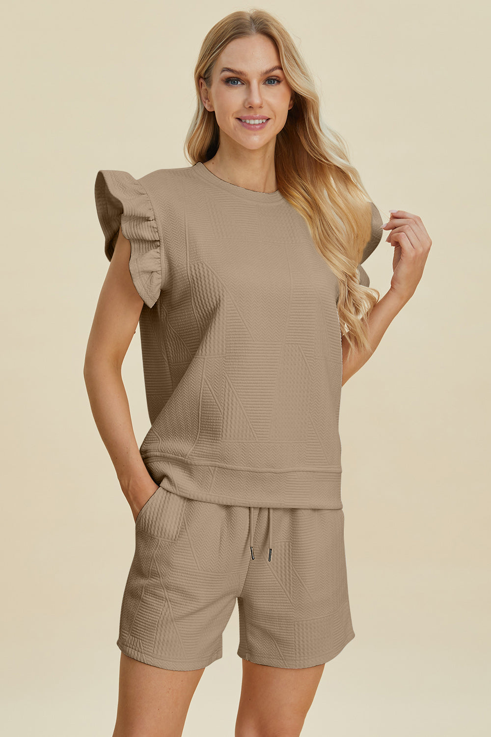 Full Size Texture Round Neck Ruffle Sleeve Top and Shorts Set