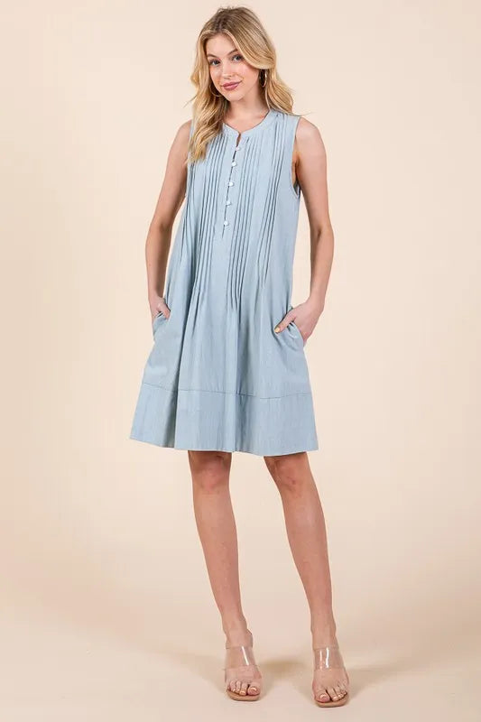 Denim Pintuck Detail Sleeveless Midi Dress
