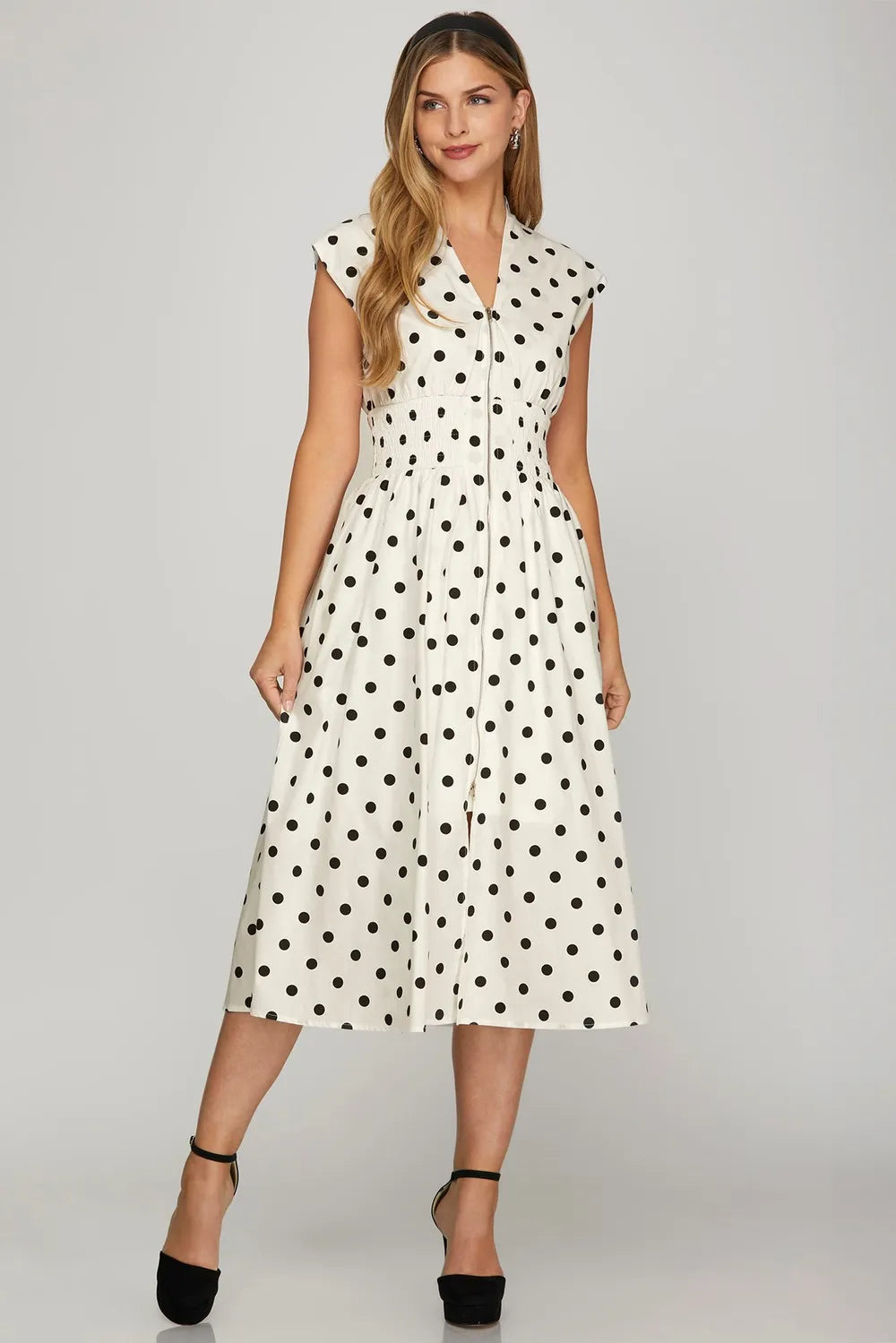 Front Zip Polka Dots Cap Sleeve Midi Dress