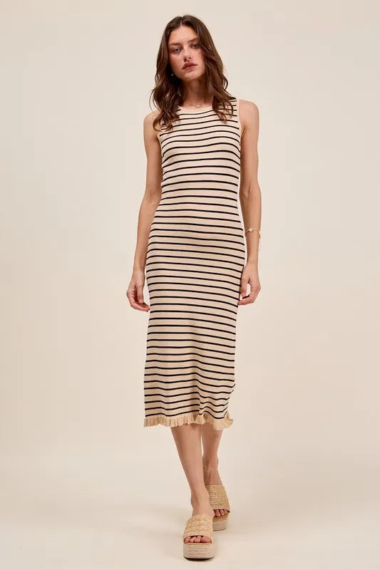 Stripe Sleeveless Sweater Knit Maxi Dress With Ruffled Hem