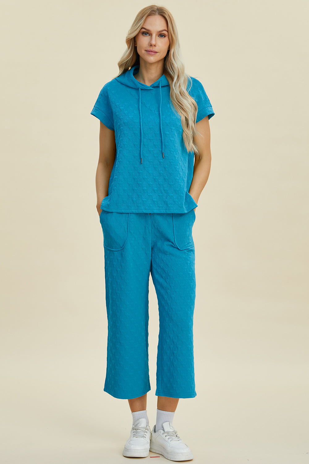 Full Size Texture Drawstring Short Sleeve Hoodie and Pocketed Pants Set