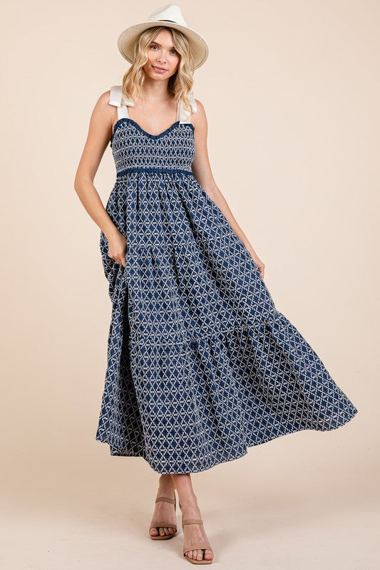 Geometric Embroidered Smocked Tie Shoulder Midi Dress