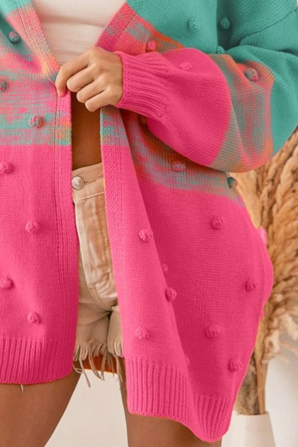 Colour Block Ponpon Sweater Cardigan