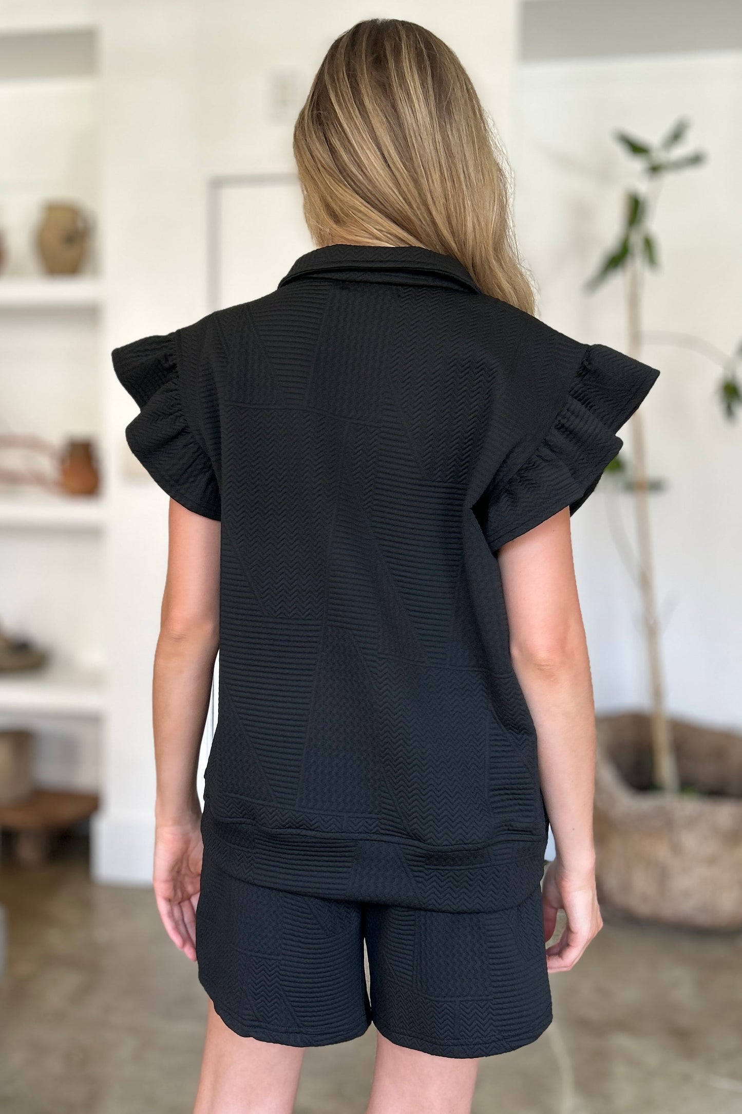 Full Size Texture Flounce Sleeve Top and Shorts Set