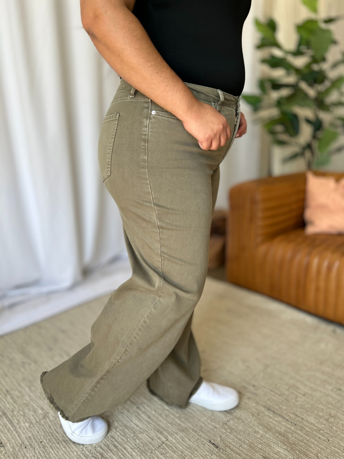 Full Size High Rise Garment Dye Wide Leg Jeans