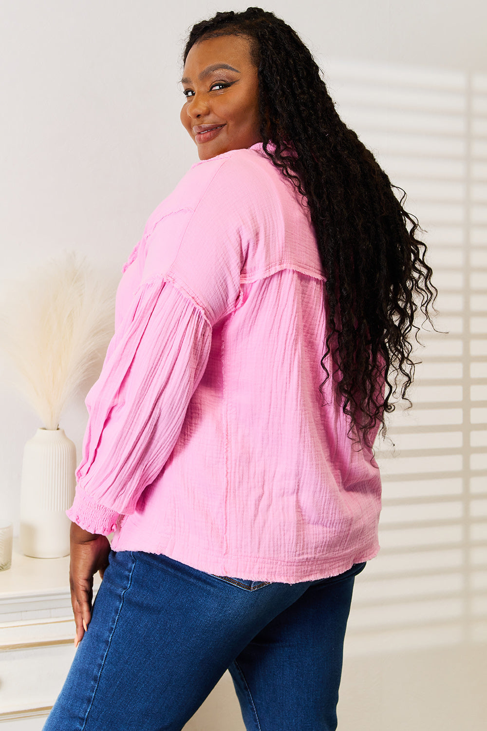 Seam Buttoned Notched Neck Blouse